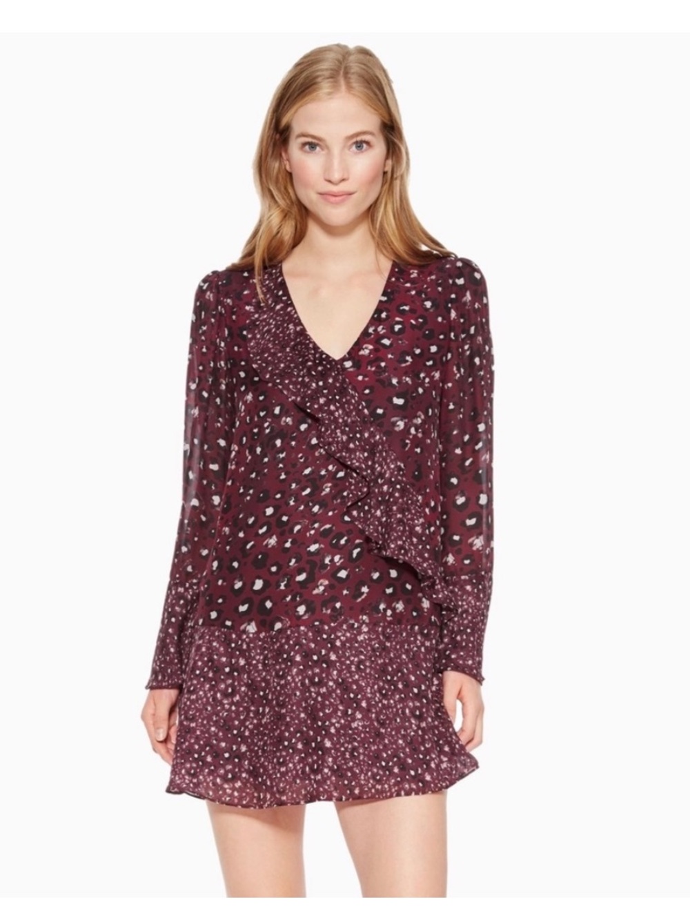NWOT Parker Kimberly Silk Bell Sleeve Leopard/Floral Print Flounce Dress Small
